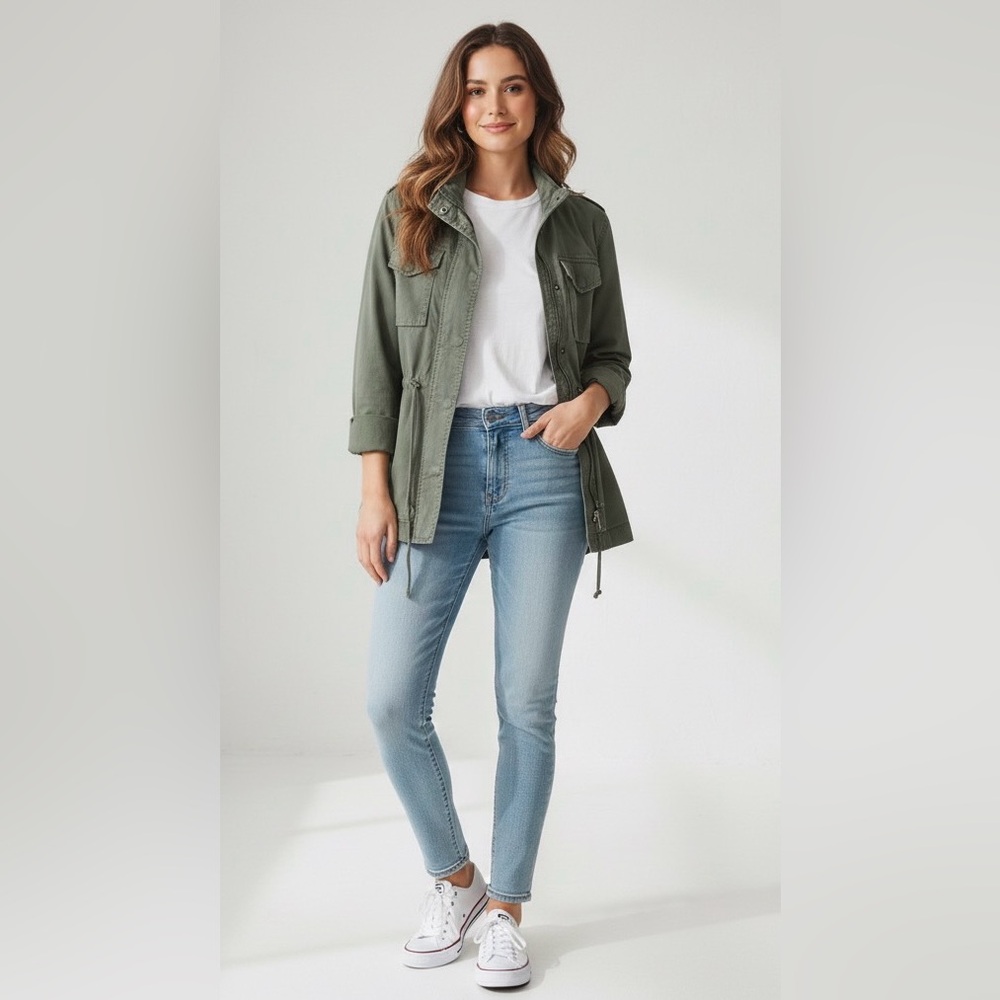 Style & Co green/teal hip length jacket, drawstring, snaps/zipper, brand new, S